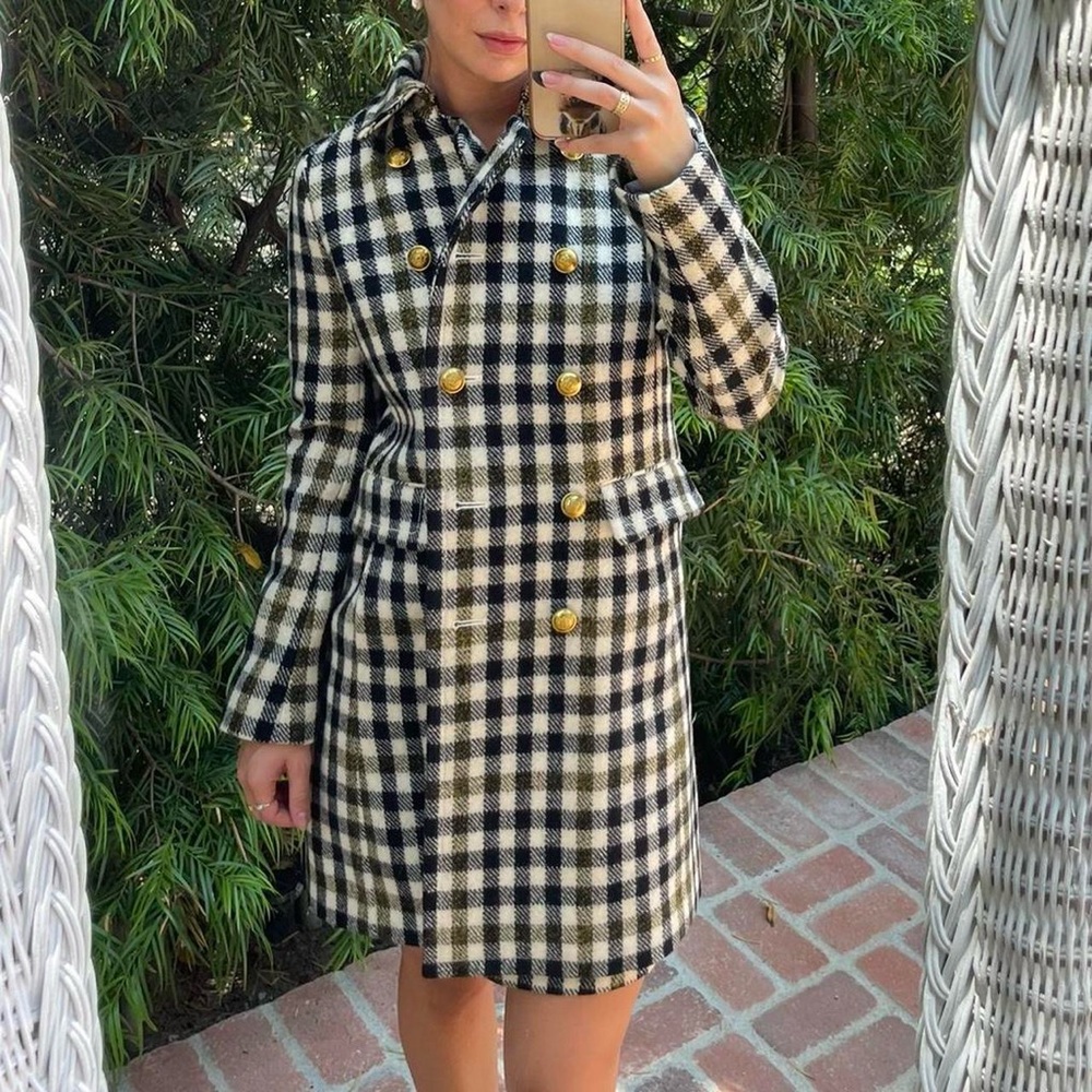 J Crew Plaid Oxford Long Wool Coat Gold Buttons Blue Green Ivory Multi Sz 2